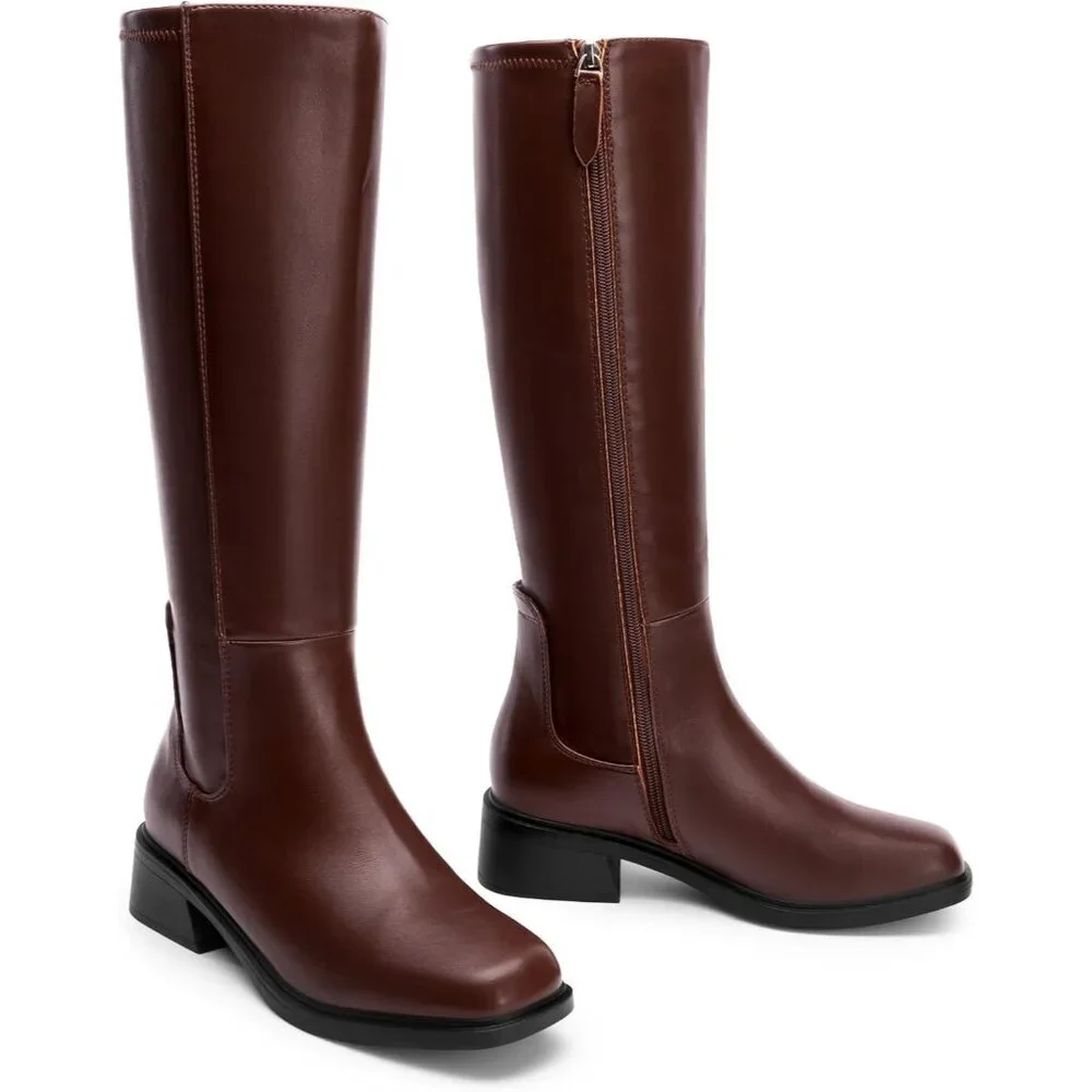 Women's Brown Block Heel Casual Long Knee High Boots Side Zipper Faux Leather